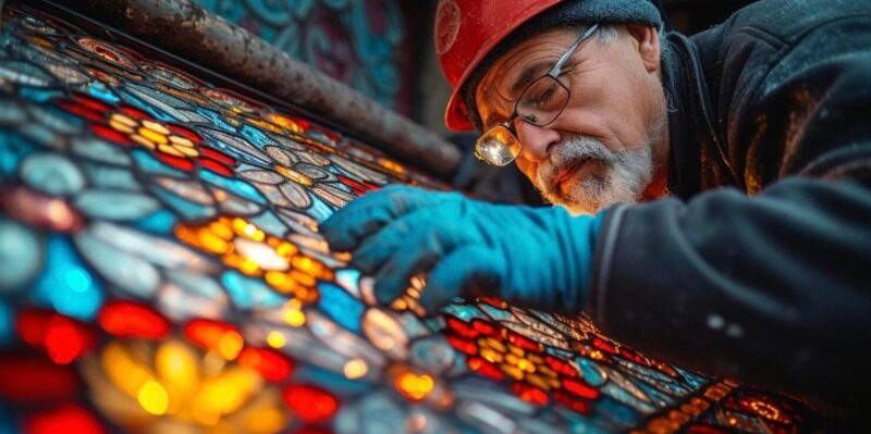 Close-up of a craftsman repairing a colorful stained glass window panel, detailed work with gloved hands and tools — church pew refurbishing, stained glass windows.