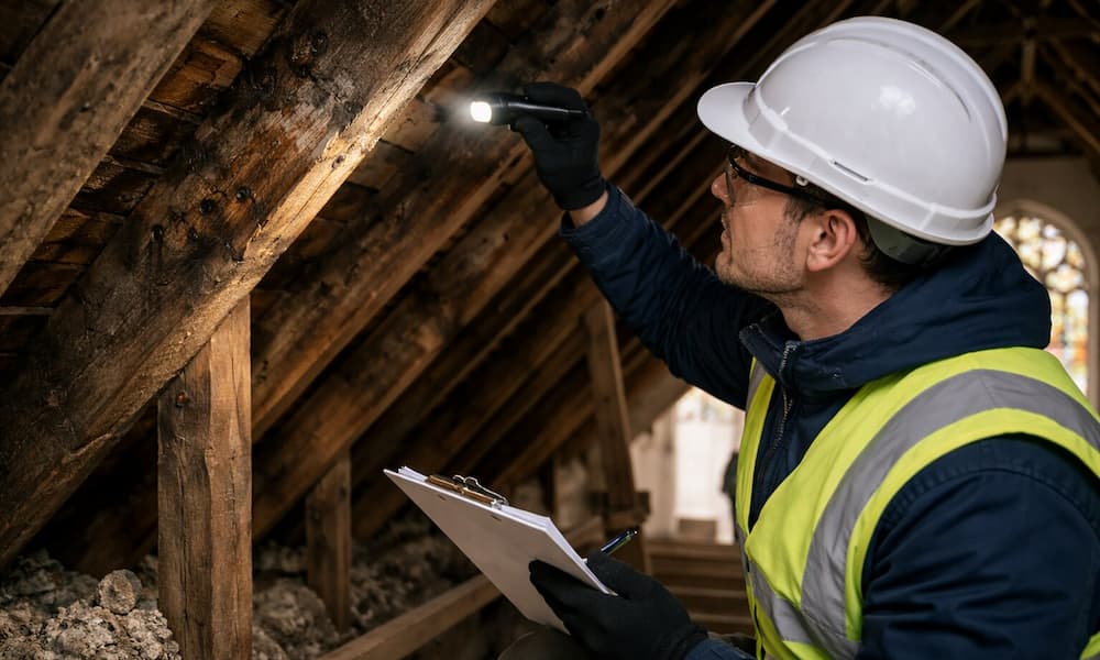 Inspector examining wooden church attic rafters