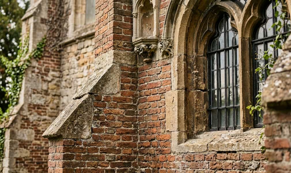 Close-up of a historic brick church exterior