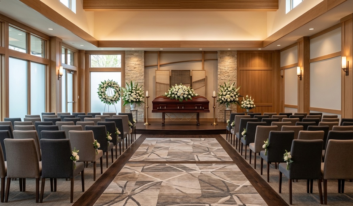 a formal funeral hall with a wooden casket on a stage