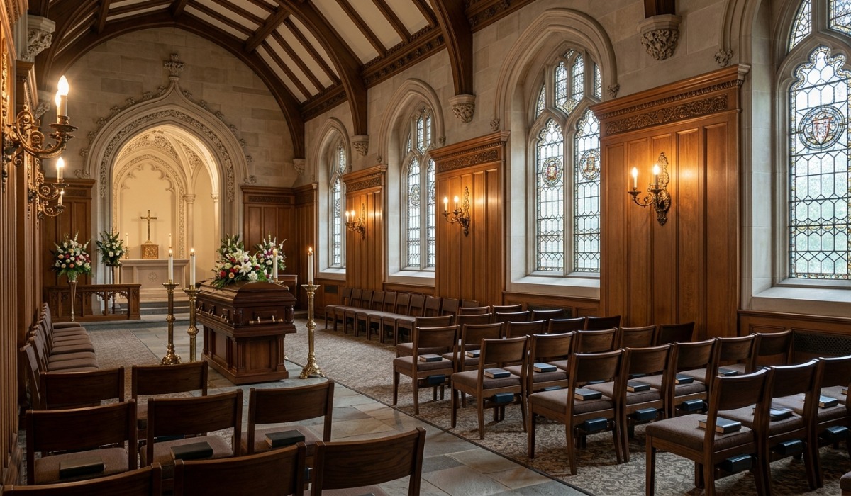 gothic-style chapel surrounded by wooden chairs