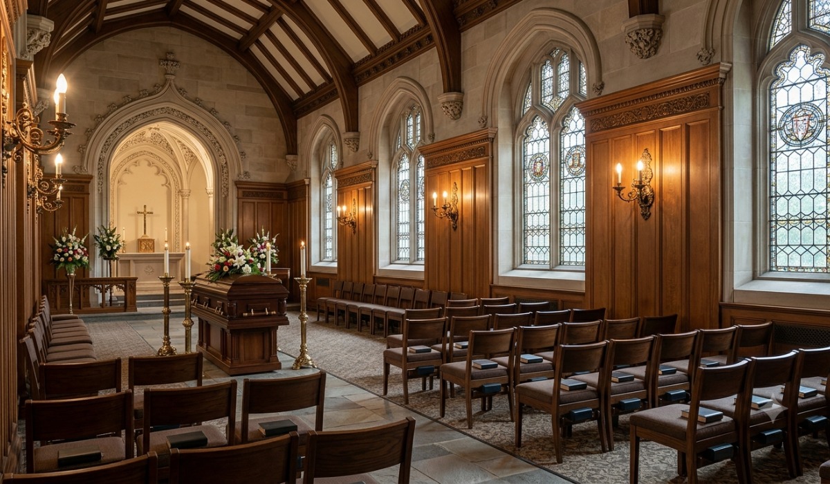 gothic-style chapel surrounded by wooden chairs