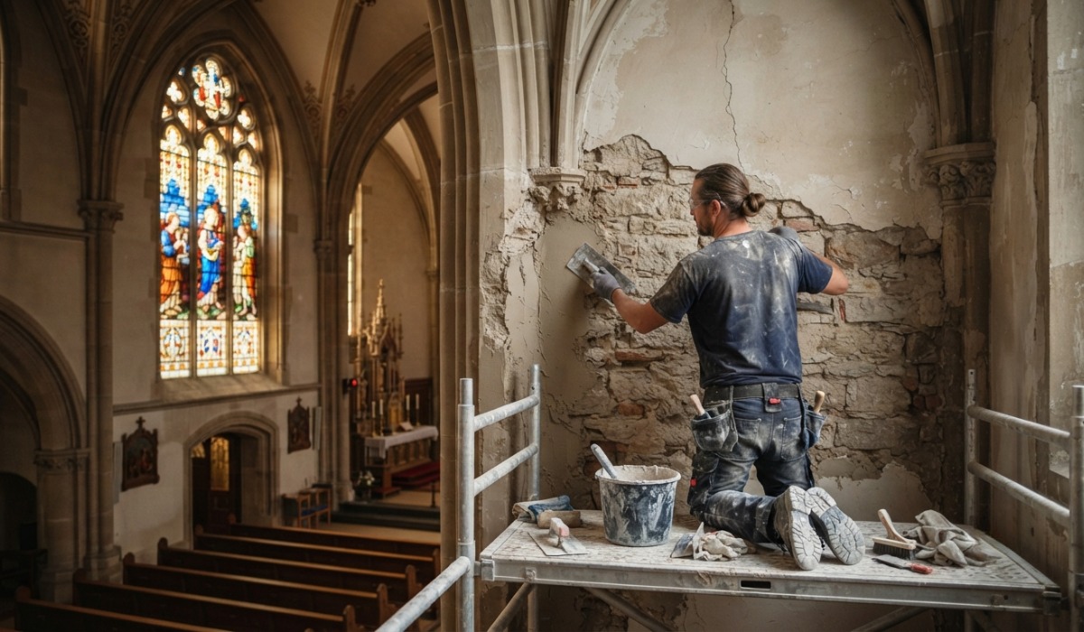 a mason on metal scaffolding applies plaster to an exposed stone wall