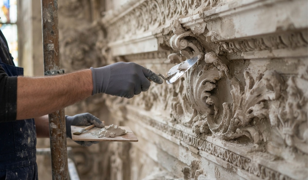 using a small trowel to delicately restore intricate, floral plaster moldings on an interior wall