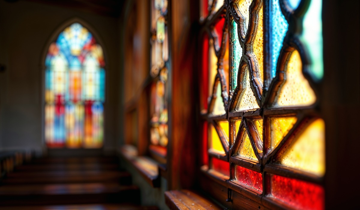 colorful stained glass windows inside a dim church hall