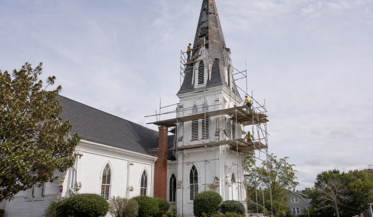 tall steeple showing signs of weathering and deterioration