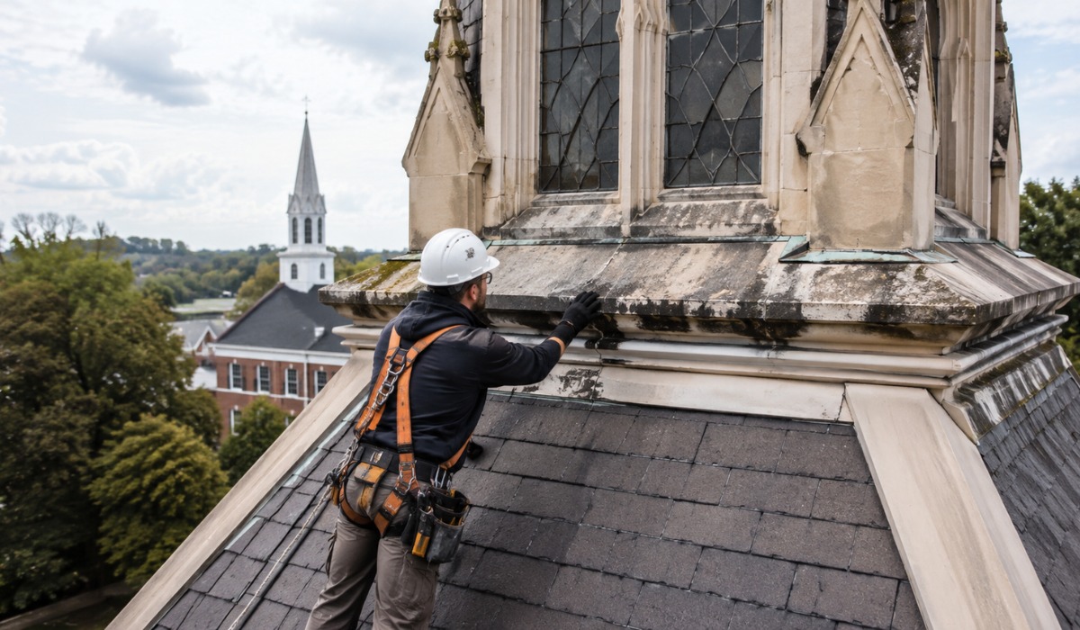 roofing contractor inspecting the exterior of a tall church tower