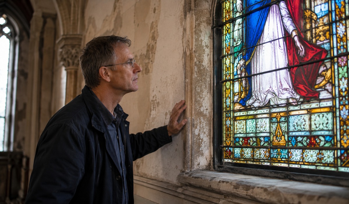examining a large stained-glass window