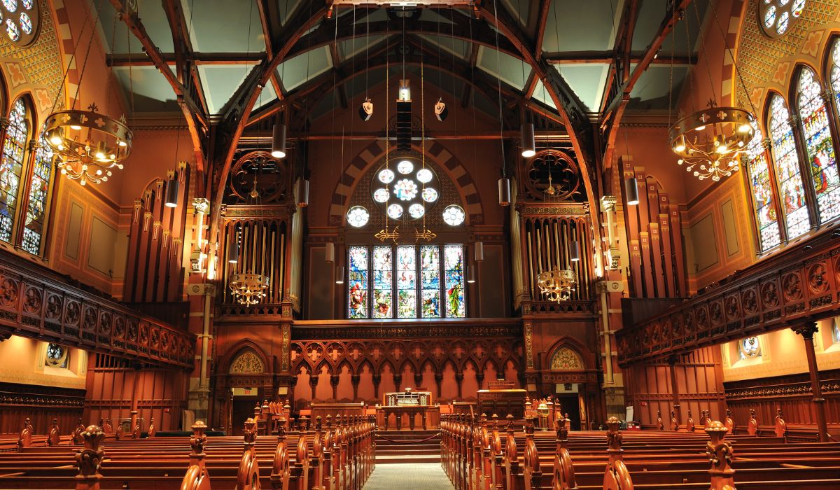 church sanctuary with wooden arches