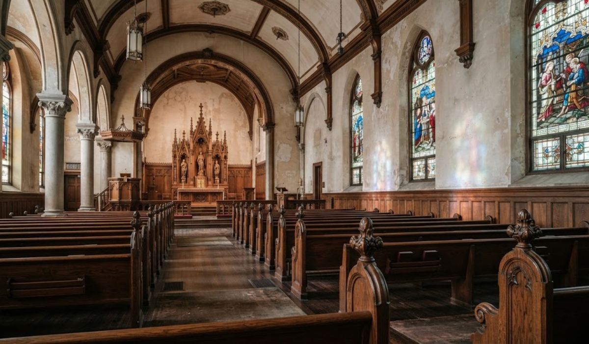 Old church interior with wooden pews