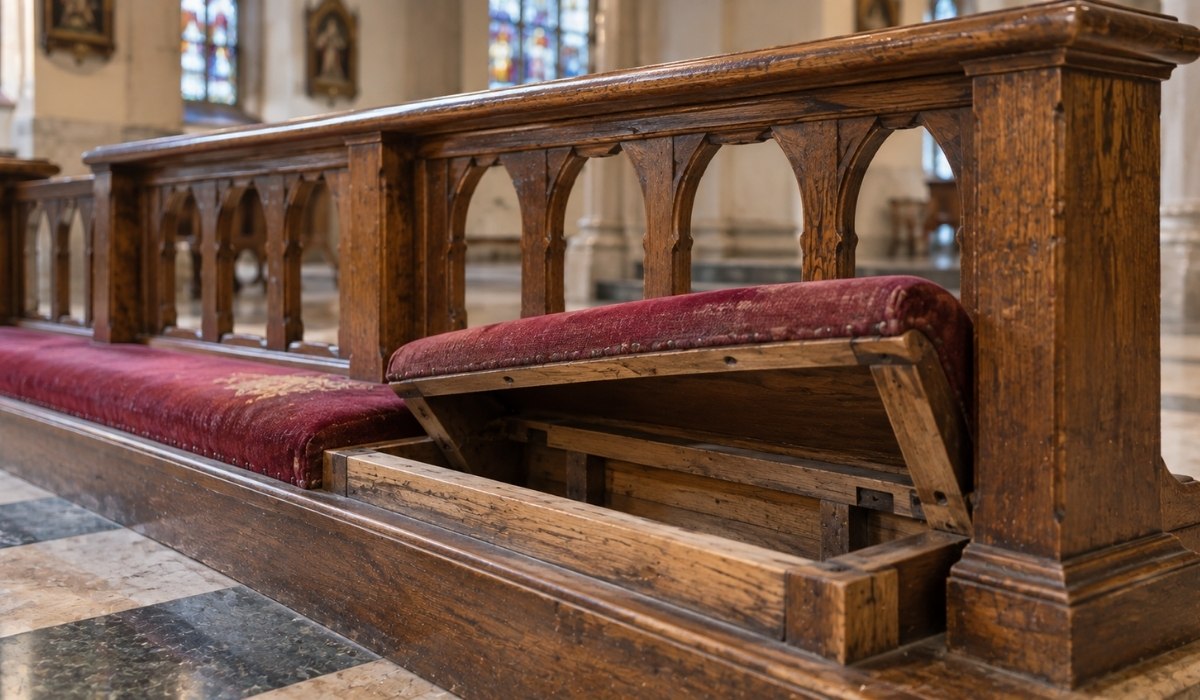 single row of wooden kneeler rails