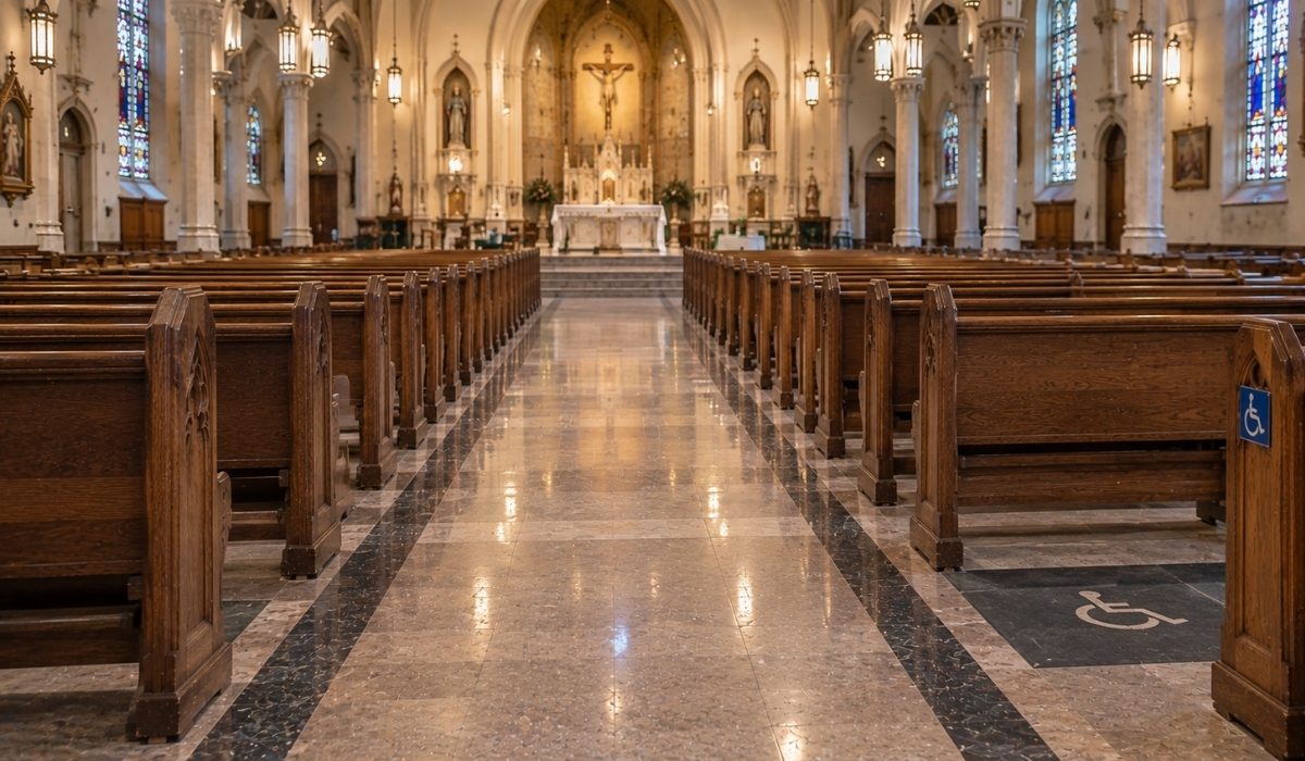 aisle between orderly rows of wooden church pews