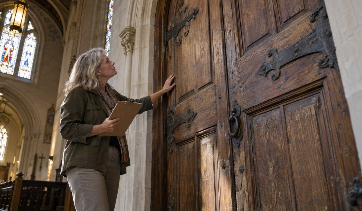 architectural preservation specialist carefully evaluating a centuries-old wooden church door