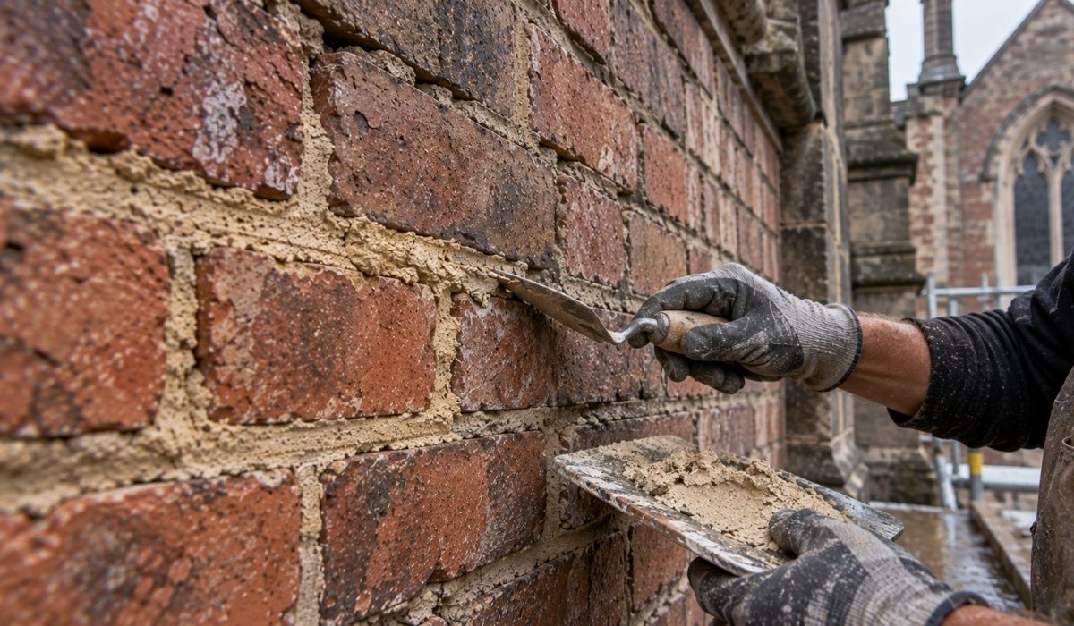 brick masonry undergoing repointing with a warm buff-colored lime mortar