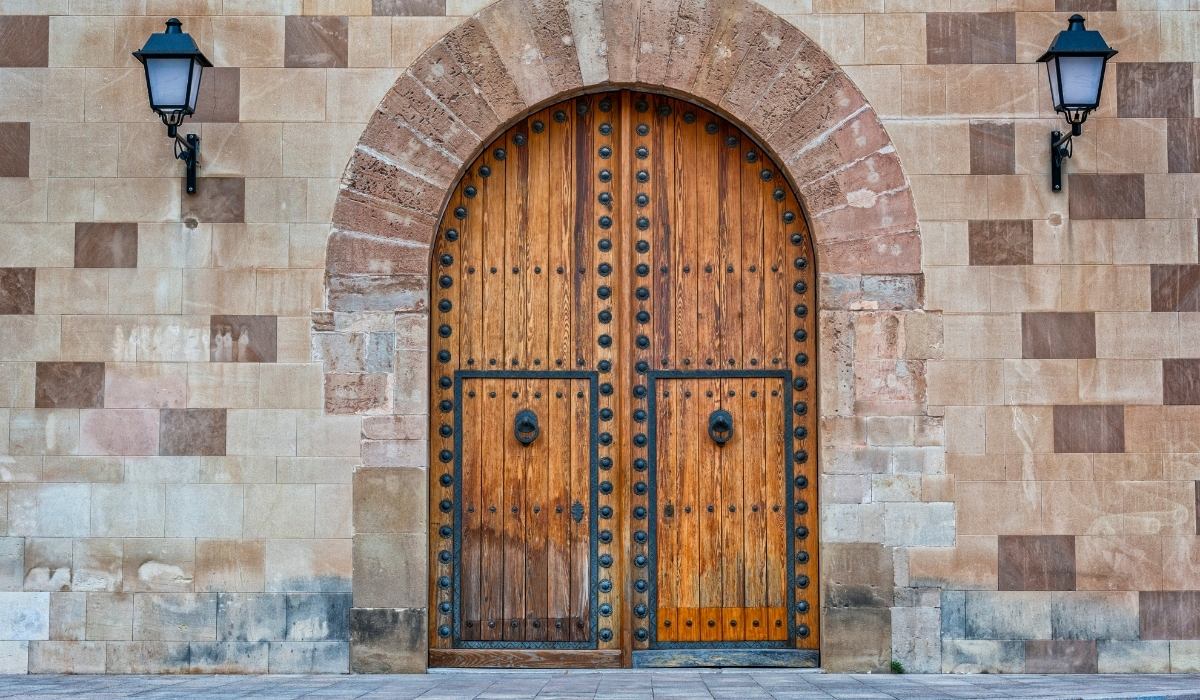 arched wooden double door